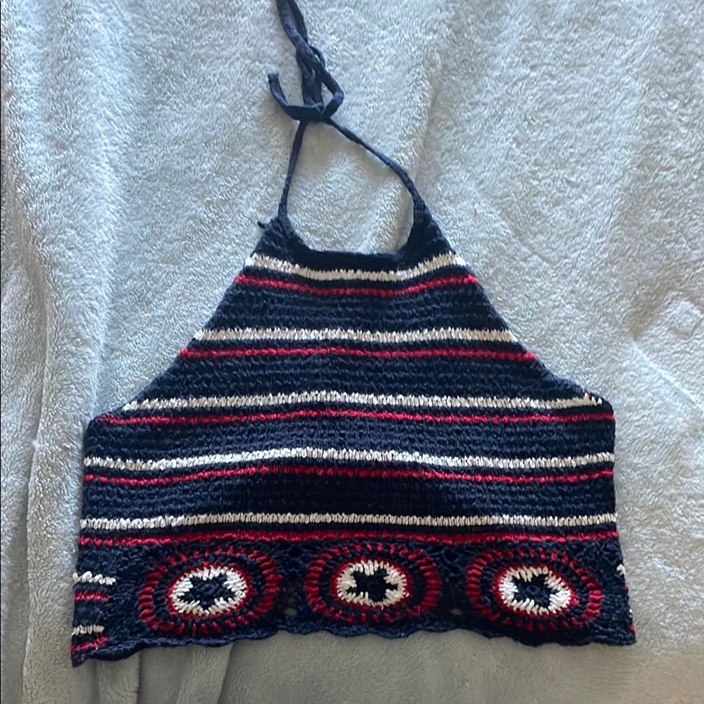 Hollister Navy and Red Crochet Halter